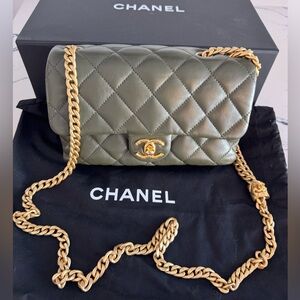 Chanel olive green lamb skin quilted small pillow crush bag